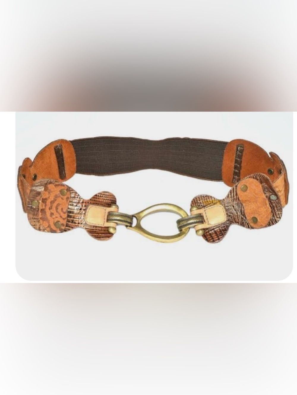 Vintage Leatherock Leather Patchwork stretch Belt with Brass Hook closure 30”